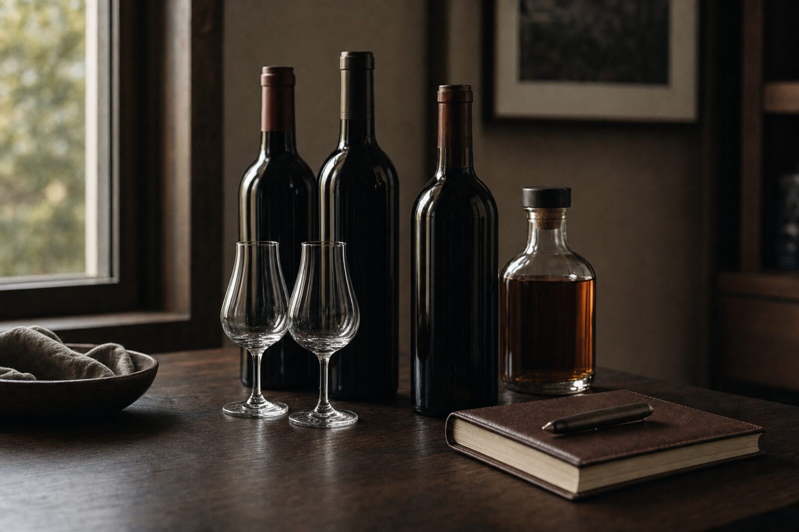Bottles and tasting glasses on a walnut table beside a notebook.